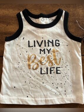 e-Play Cream Tank Top with Black Trim and Gold Script “Living My Best Life”